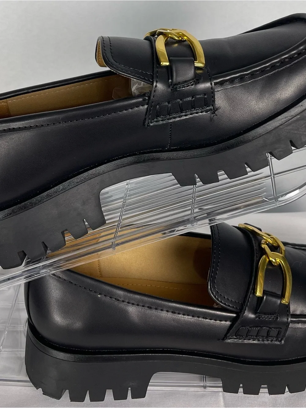 Nine West Black Leather Loafers with Gold Chain Accent